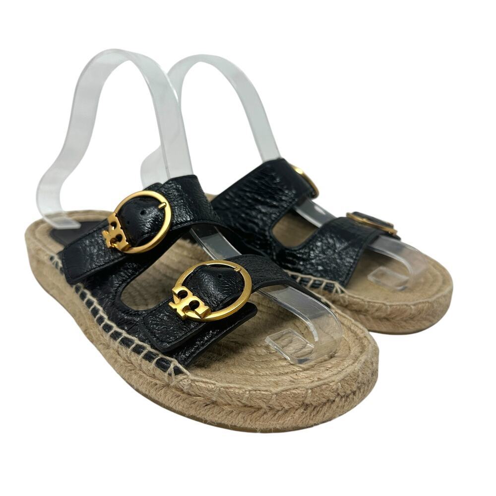 Tory Burch Selby Patent Leather Espadrille Slide Sandals Black Size US 6.5‎